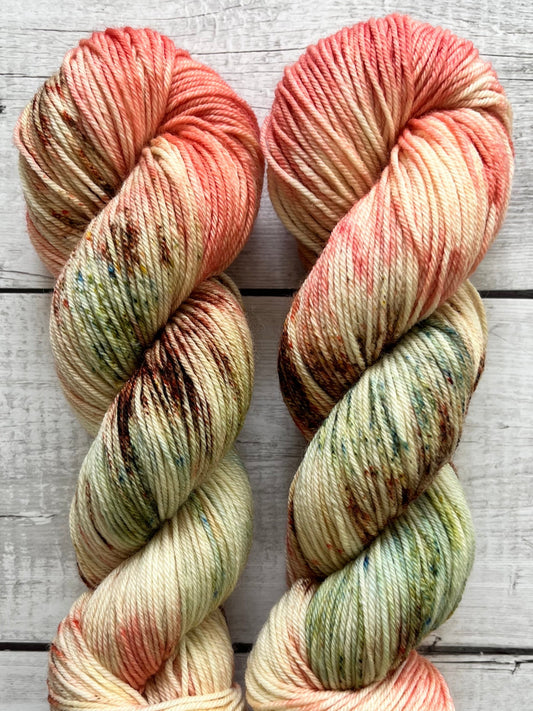 Håndfarvet garn i bluefaced leicester uld. Dette håndfarvede bfl garn er farvet med smukke nuancer af coral rosa, grøn og brun