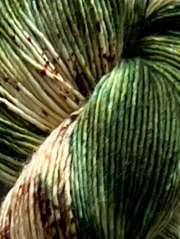 Håndfarvet garn i Single Merino. Dette håndfarvede Single Merino er farvet med smukke nuancer af mørkegrøn og brun