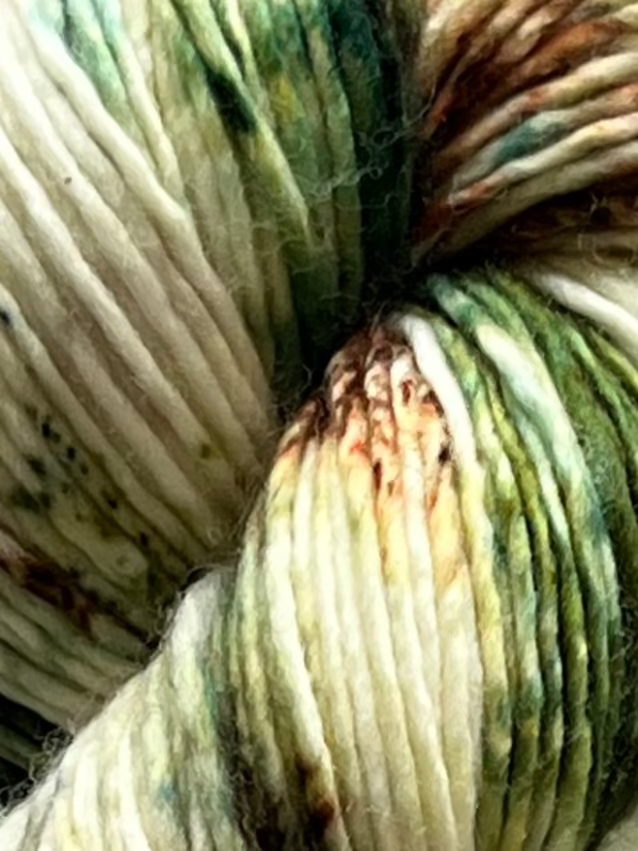 Håndfarvet garn i Single Merino DK. Dette håndfarvede Single Merino DK er farvet med smukke nuancer af mørkegrøn og brun