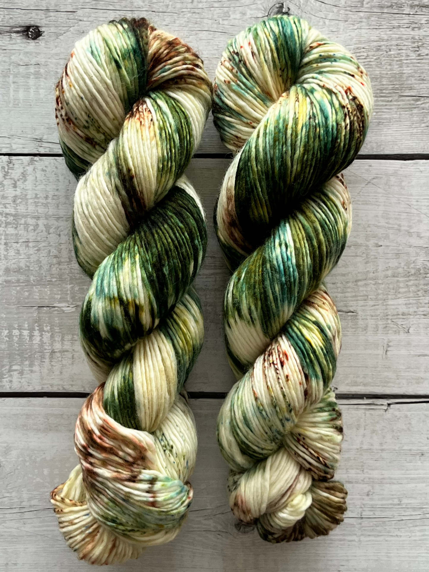 Håndfarvet garn i Single Merino DK. Dette håndfarvede Single Merino DK er farvet med smukke nuancer af mørkegrøn og brun