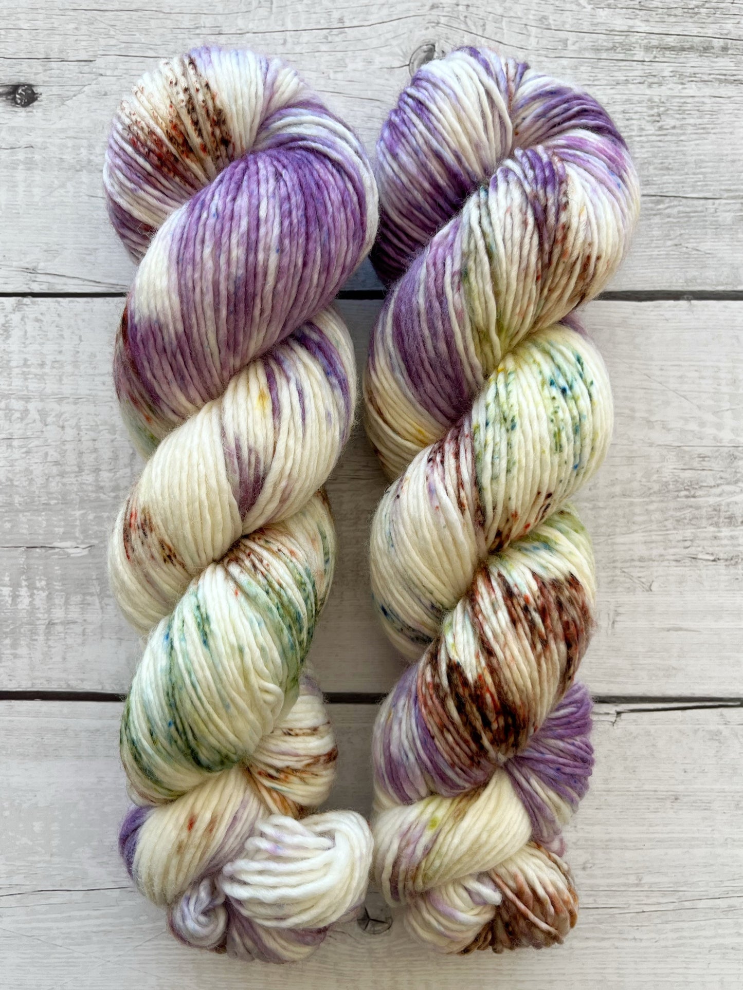 Håndfarvet garn i Single Merino DK. Dette håndfarvede Single Merino DK er farvet med smukke nuancer af lilla, grøn og brun