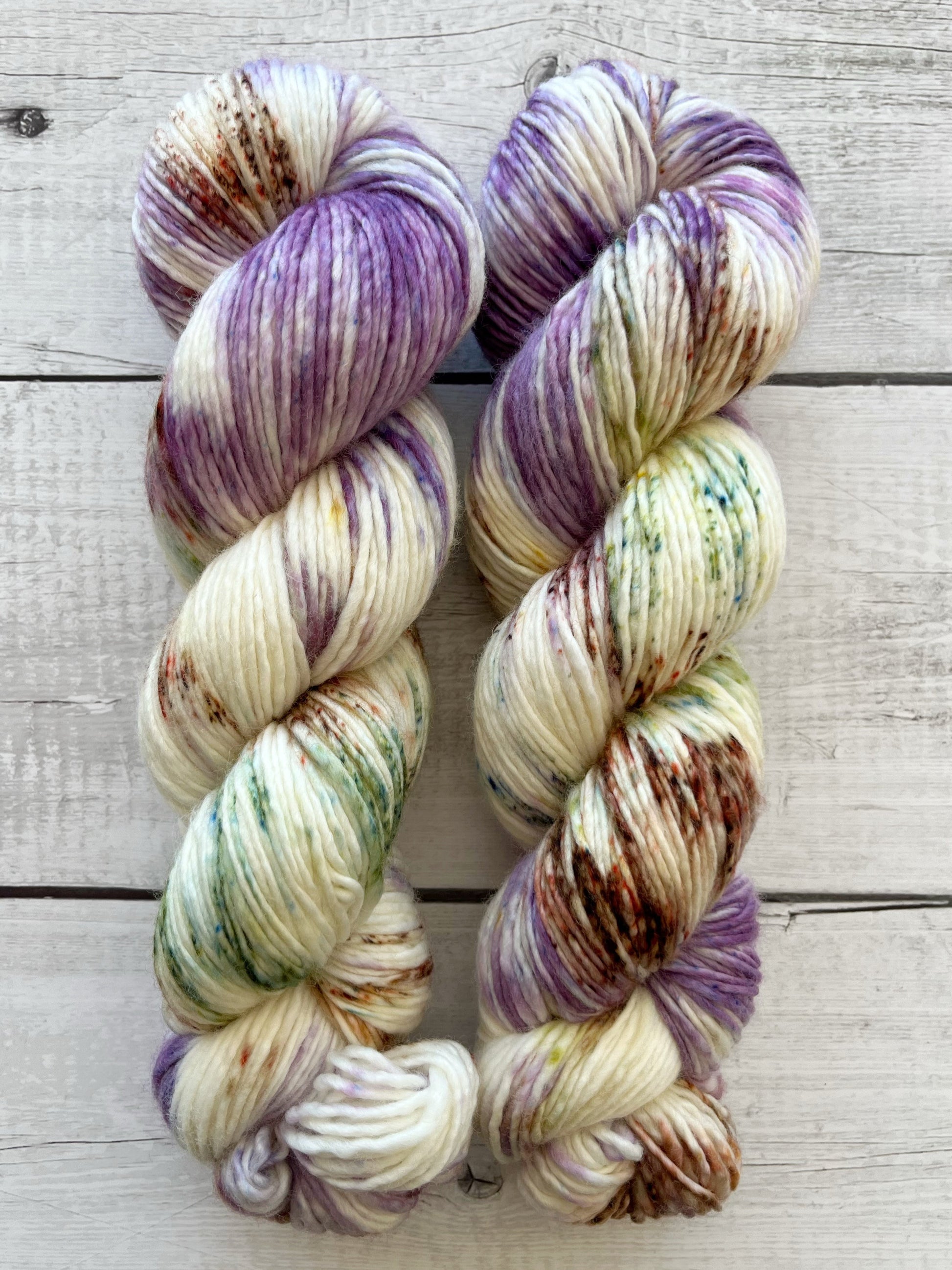 Håndfarvet garn i Single Merino DK. Dette håndfarvede Single Merino DK er farvet med smukke nuancer af lilla, grøn og brun